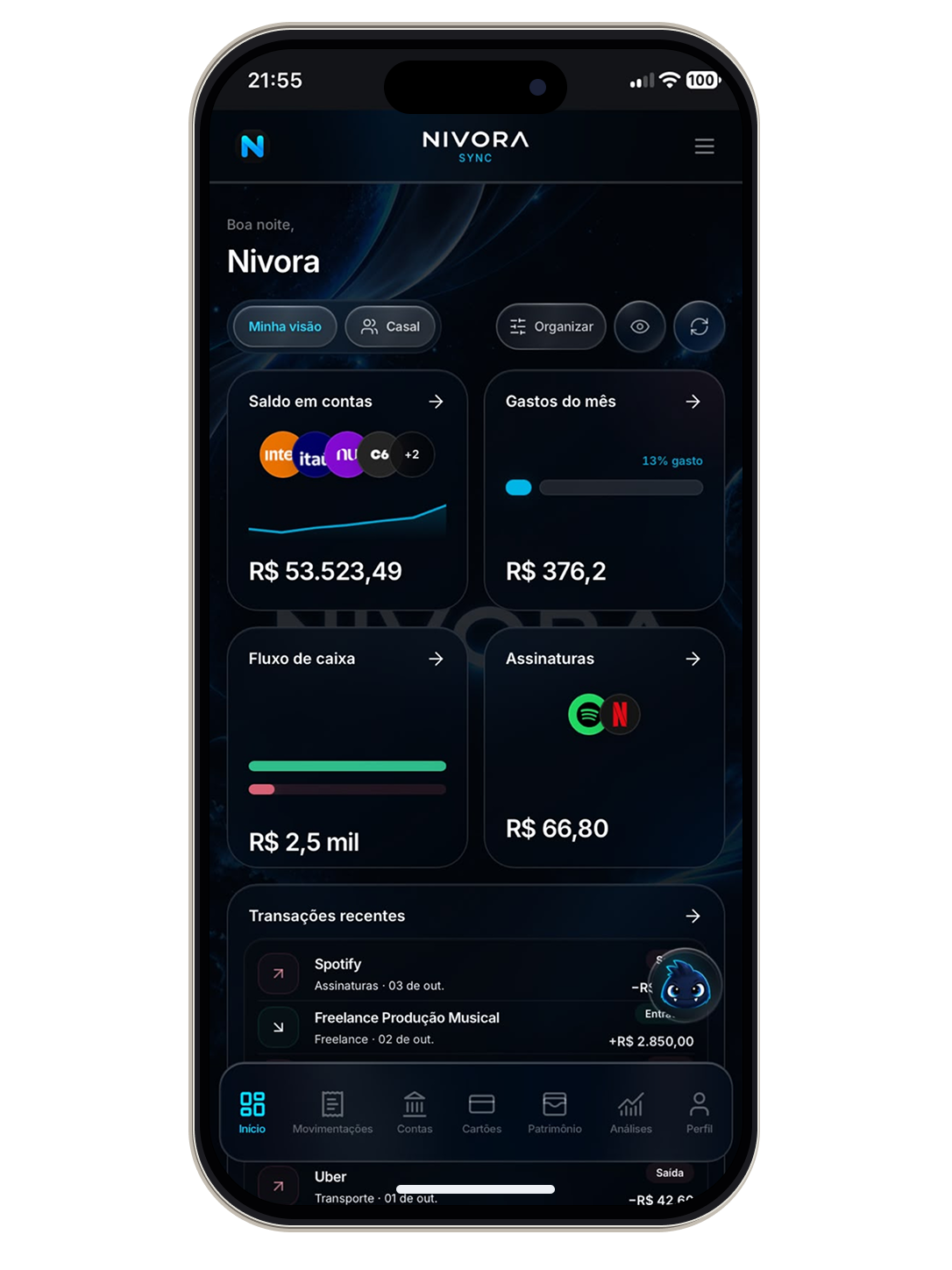 Mockup oficial do iPhone com a tela real do Nivora Sync no tema Dynamic